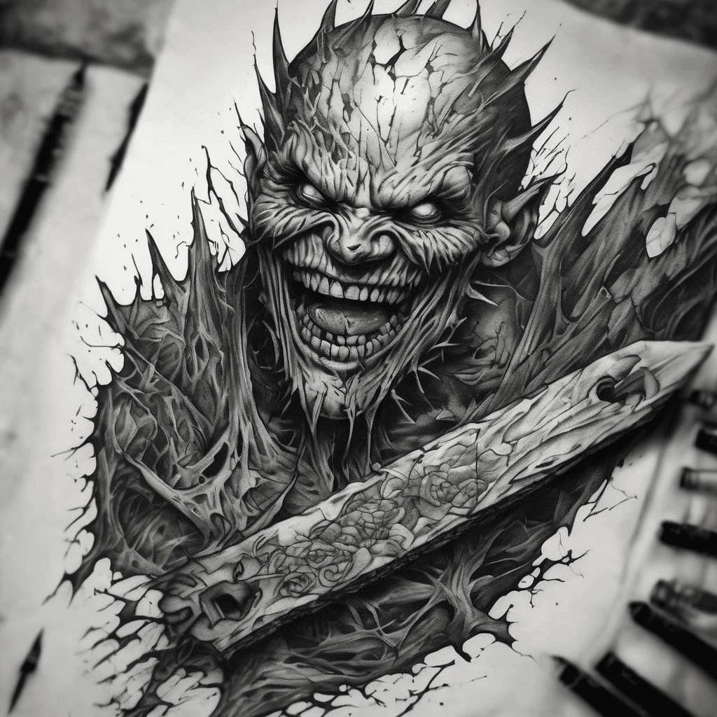 black and white horror tattoo design, forearm sleeve, torn ripped skin texture bound with wooden stakes crossing diagonally, multiple demonic eyes peeking through cracks, sharp toothy grin at the bottom, blade tip piercing through at the very end, dense crosshatch ink shading, dark fantasy irezumi style