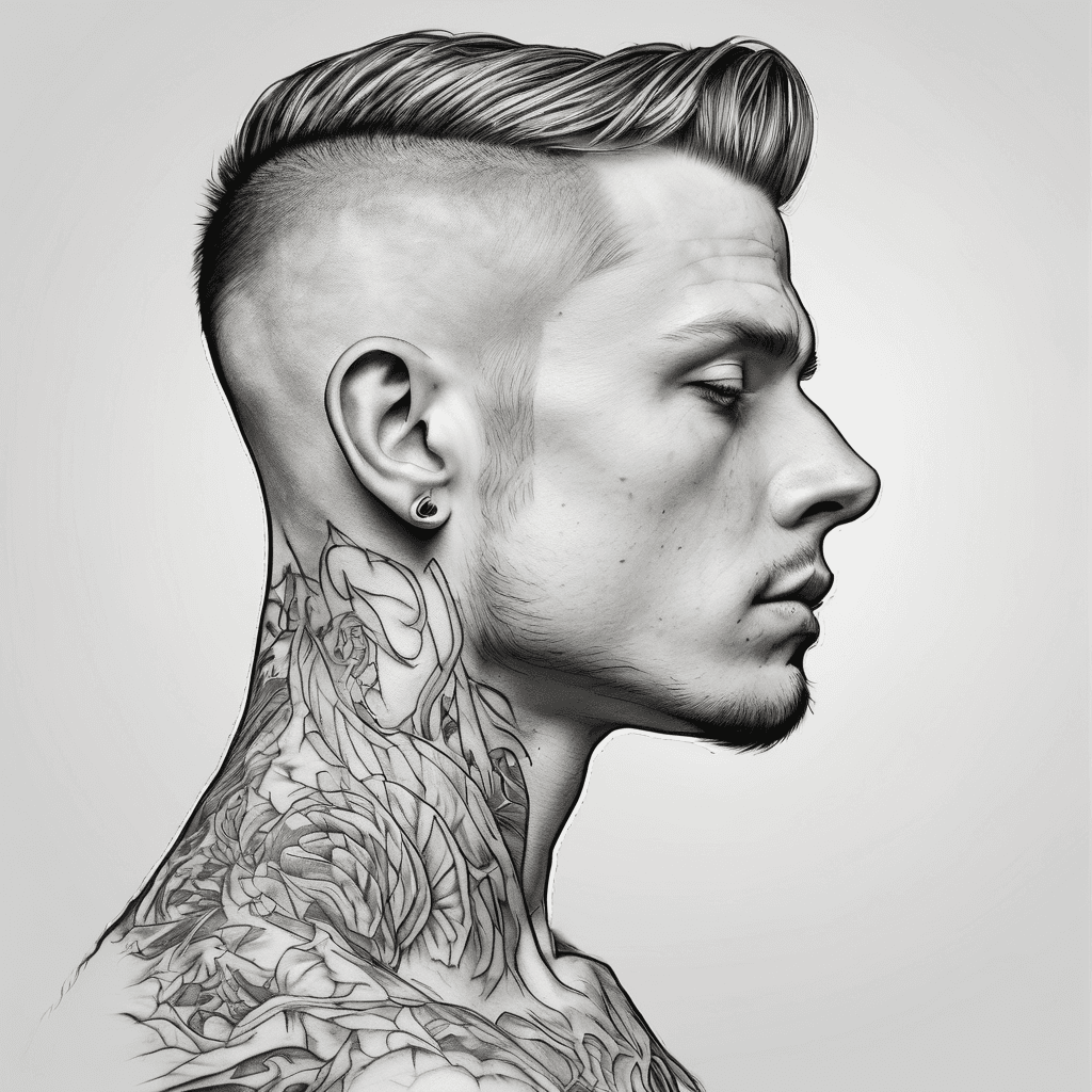 Portrait of a male human, side view. Man should be clean shaven with wavy slicked back hair. It should be from the shoulders up. He should be wearing a collared shirt