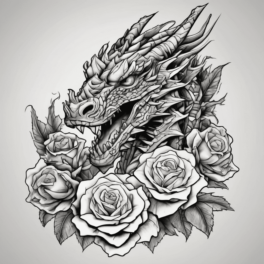 Aztec dragon wrapped in thorny roses