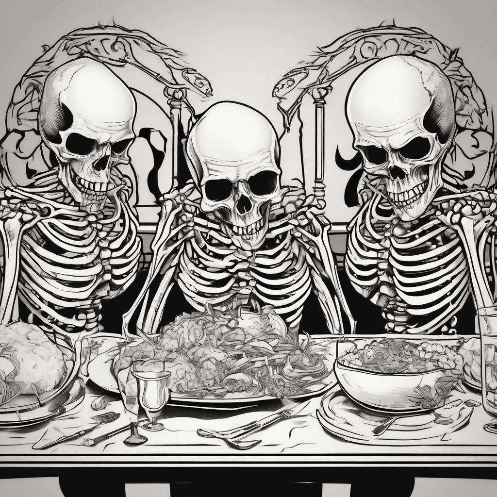 Skeltons feasting at a dinner table
