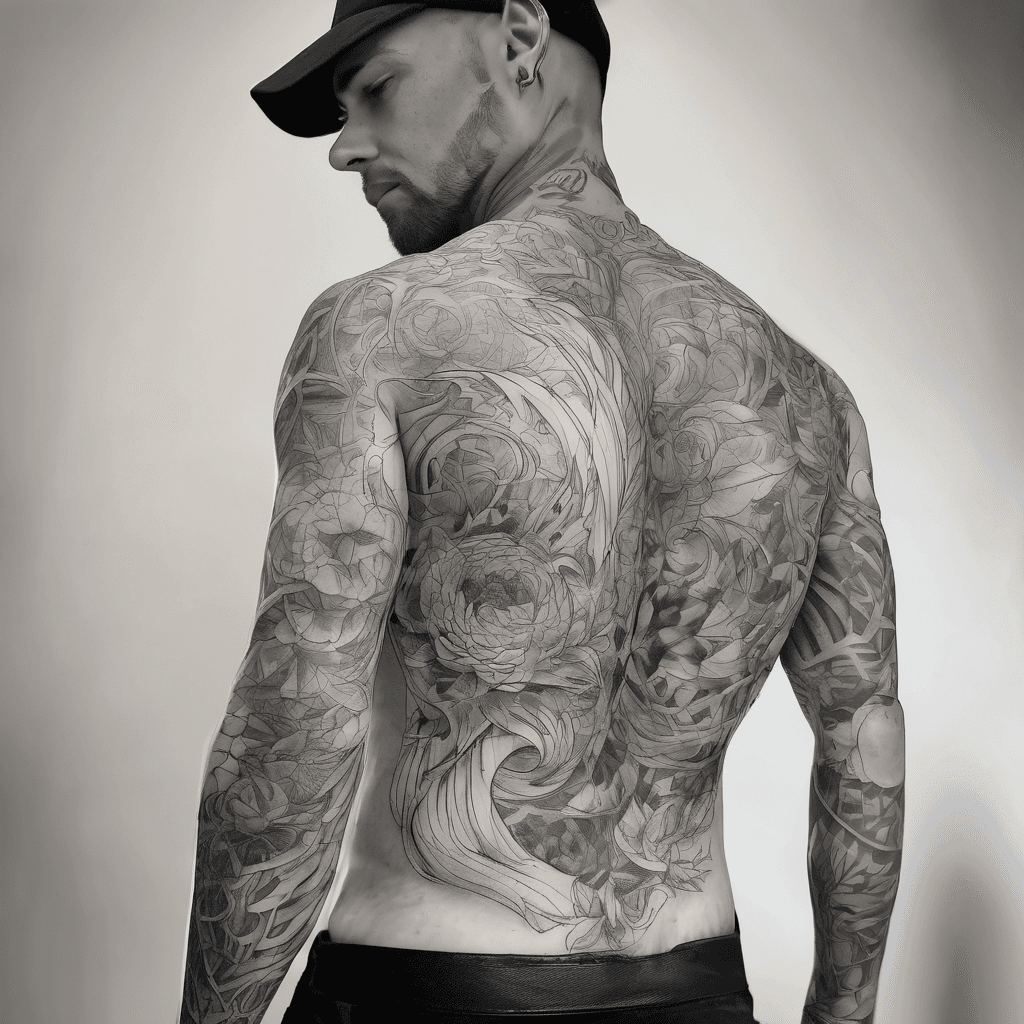 Tattoo Design Brief Full right arm sleeve completion, running from the wrist to the shoulder cap and extending onto the upper back/shoulder blade for compositional scale. The design must incorporate by reworking two existing pieces so the finished sleeve reads as one continuous, intentional composition with no blank/negative space left unaddressed. Core theme: Death → Transformation → Ascension. A phoenix rises from the wrist, flows upward through the existing skull/tree piece (already a metamorphosis image), and culminates in a St. Michael / warrior angel figure, with wings extending onto the back.