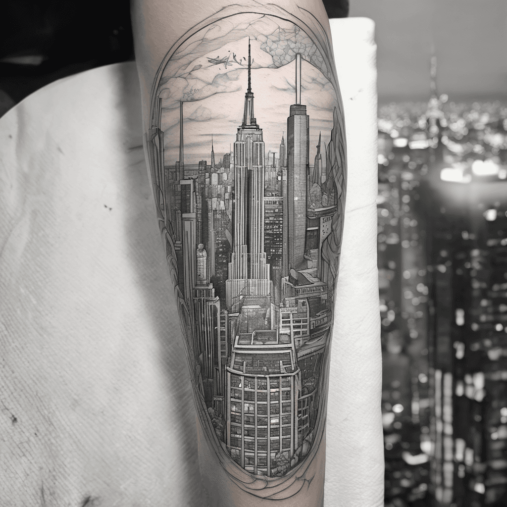 This is gonna be a calf sleeve tattoo with the words “ all lights turned off can be turned on” (Noah kahan) in the background have the New York skyline/skyscrapers make this all in black and white