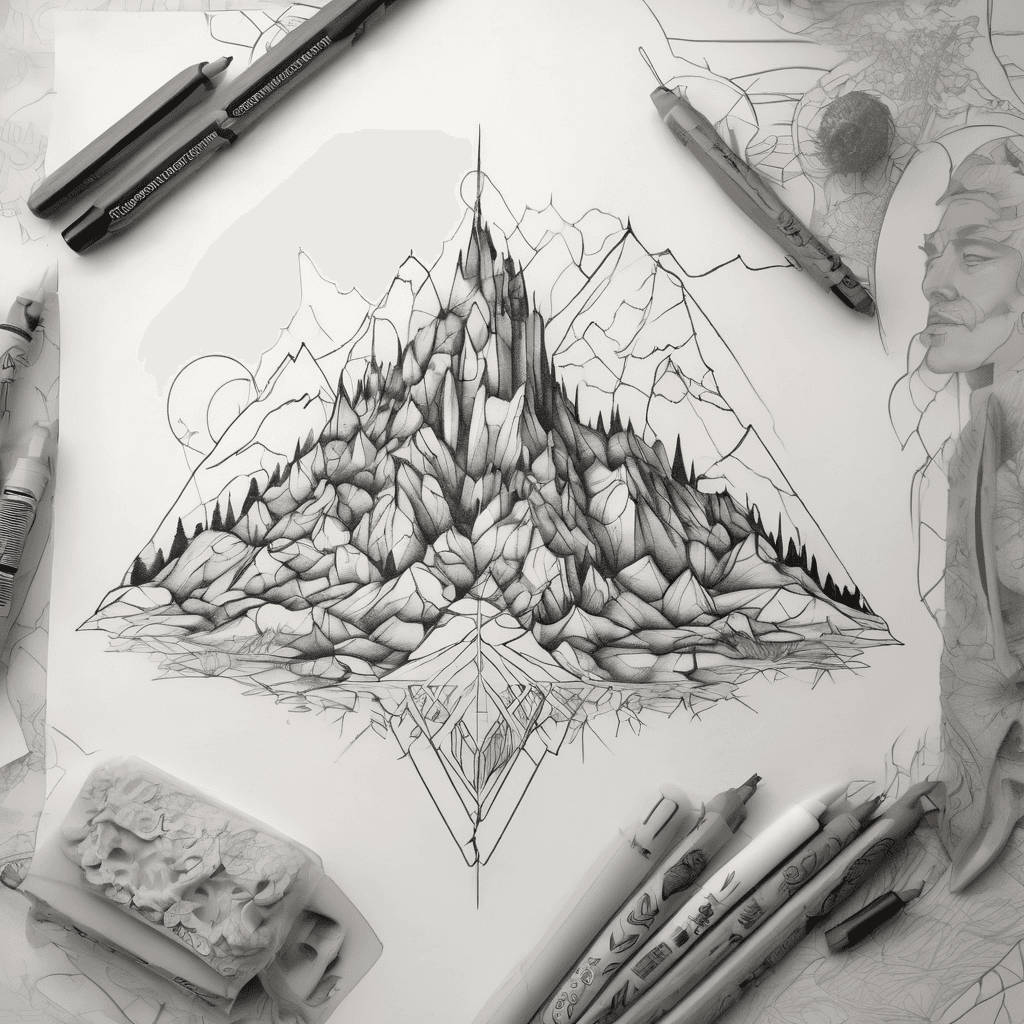 Design a tattoo inspired by mountains and hiking in a style that resembles architecture by Gaudi. The tattoo should have a maximum size of 5 cm by 5 cm.