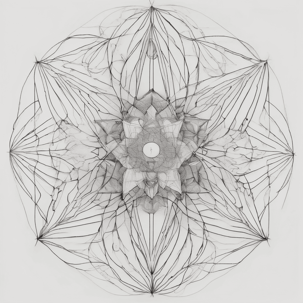 A hyper-minimalist, ultra-fine line symbolic tattoo design. Fine-line sacred geometry, delicate single-needle style with micro-stippling (soft dot-work). The design must be deeply feminine, elegant, and abstract, using only symbols, geometric lines, and cosmic vectors—no words, no faces, and no literal pictures. It features a stylized, abstract blend of a Capricorn astrological glyph and a sharp, elegant Scorpio rising vector at the top. Descending from this is a fine vertical line that anchors a delicate geometric starburst with exactly 3 prominent rays. Floating symmetrically around the center are exactly 3 micro-circles or fine constellation points representing three children. The composition must have lots of negative space, airy and open lines, looking like a piece of delicate permanent jewelry on the skin. White background, clean linework mockup