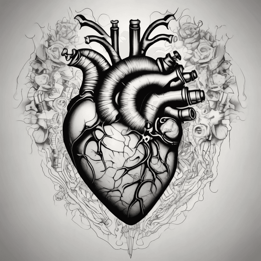 tattoo design, a failing and close to total failure Biomechanical heart with a small skull implanted and stitched into it which has rays of light emanating from its eye sockets. The heart has various valves and springs etc visible. Stylised design with great detail. Edge the tattoo as if the heart was bursting through my muscles