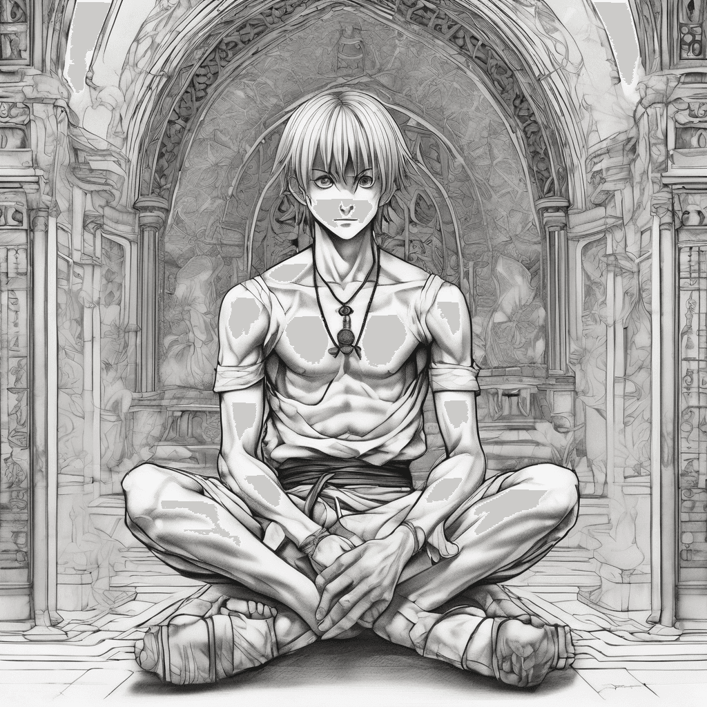 "Lower back tattoo design, sitting portrait of Kurapika from Hunter x Hunter, seated in a meditative pose with both hands resting on his knees, calm and focused expression, detailed traditional Kurta clan eyes. Background features the interior domes and vaulted ceiling of a Gothic church, intricate architectural linework, radial symmetry, stained-glass-inspired patterns. From his hands, his Judgment Chain (Dowsing Chain) extends outward and wraps around the body, flowing from the lower back tattoo toward the front, ending at the abdominal V-cut / V-line muscles. Fine line and blackwork style, high contrast, detailed linework, no color, tattoo-ready design, clean lines suitable for stencil."