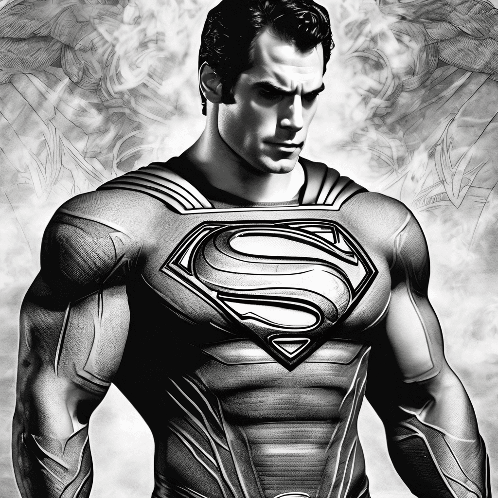 "Henry Cavill Man of Steel Superman logo chest piece, full chest size, exact outline only, branding effect, burning skin texture, realistic smoke and soft shading around the outer edges, no colors, pure black and grey style, hyper-detailed, tattoo design"