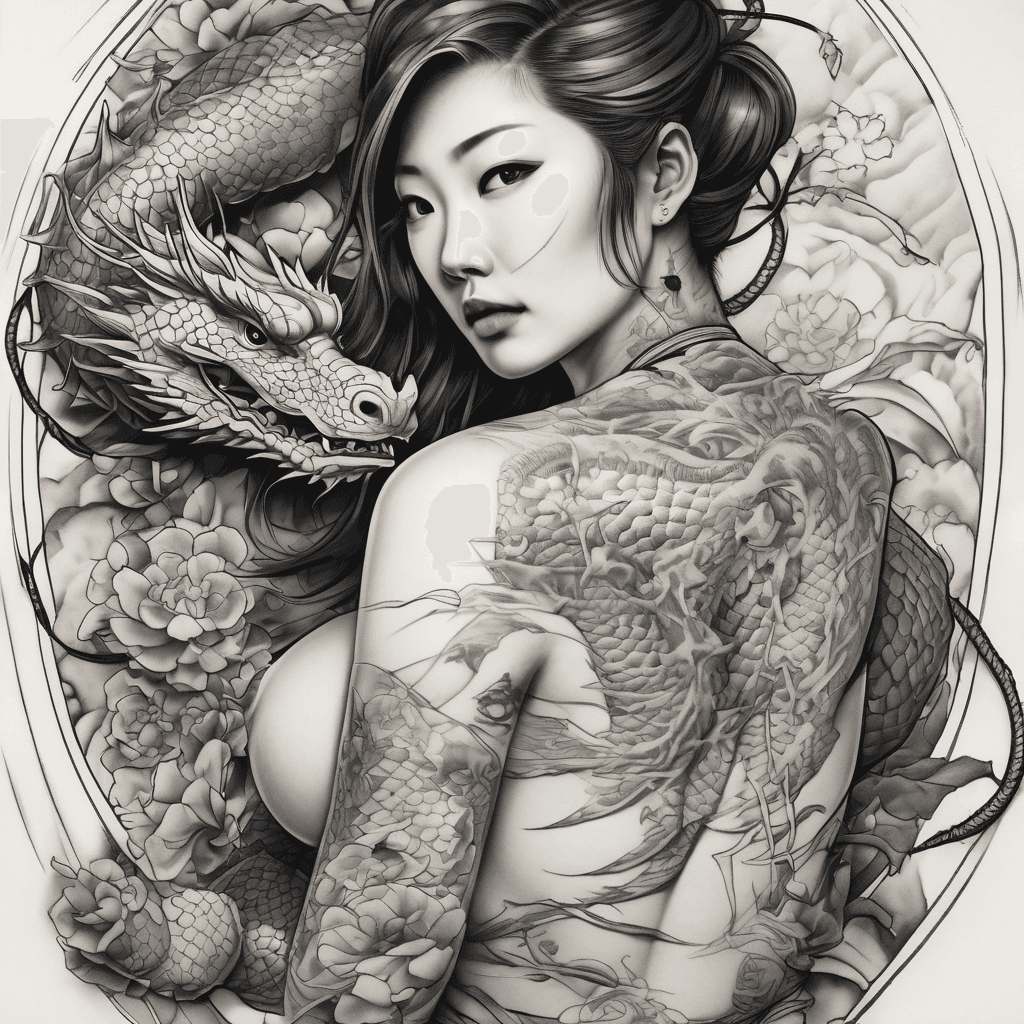 Japanese style bdsm hogtied busty white women in fishnet but instead of rope it's a dragon wrapping around her body
