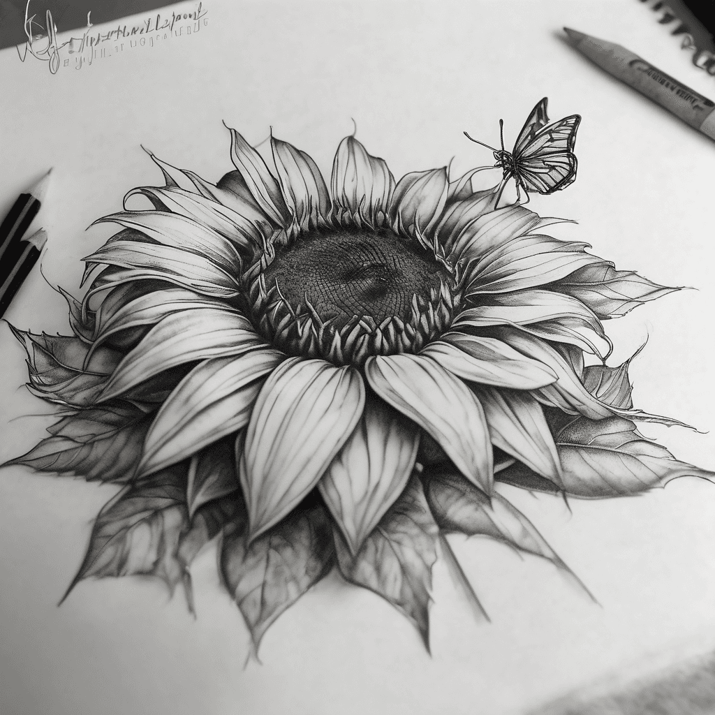 Concept 1 – Tiny Intertwined * A single fine-line sunflower (about 2–2.5 inches tall). * A small butterfly appears to gently weave between two petals, almost like it’s landing. * Very little stem or leaves to keep it clean and delicate. * Soft curves and lots of open space so it ages well as a tattoo. Concept 2 – Butterfly Resting * A minimalist sunflower with a slightly angled bloom. * The butterfly sits naturally on one petal with its wings partially open. * The butterfly is small enough that the sunflower is still the main focus. * Elegant and balanced, perfect for a forearm, ankle, wrist, or shoulder. Concept 3 – Matching Pair This is my favorite because of the symbolism. Your tattoo * A butterfly with one wing subtly shaped like sunflower petals. Your best friend’s tattoo * A sunflower with one petal flowing into the outline of a butterfly wing.