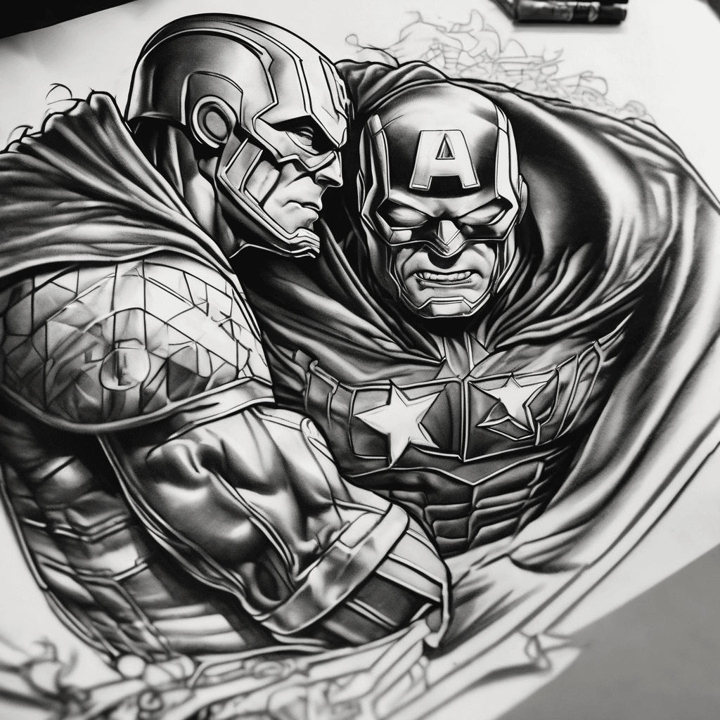 I want a tattoo on the forearm of dr doom and captain america fighting. use the reference photos below. it needs to be in realism style it should be them clashing