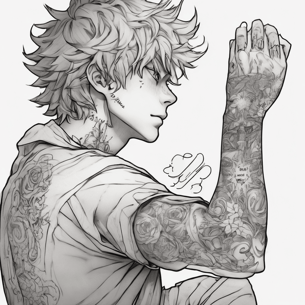 i want a full sleeve for my left arm where at the top it's cloudy and it a quote that says Never give up no matter what then in the middle a want a small pic of asta from black clover and it says never afraid of the moment and then under that it's a job 22:28 quote that says you will achieve whatever you chose to do and light will shine on the road ahead of you and then at the bottom i want three jesus crosses the blackground i want to look like newer and modern and i want like stars that there but no to big and can you make it like one of those videos on tiktok label full sleeves for men and can you make it look like a young man is going to have it and then can you make it look as modern as possible