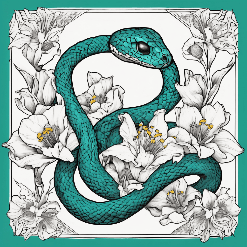 Teal snake wrapped up in daffodil lily of the valley and poppy flowers