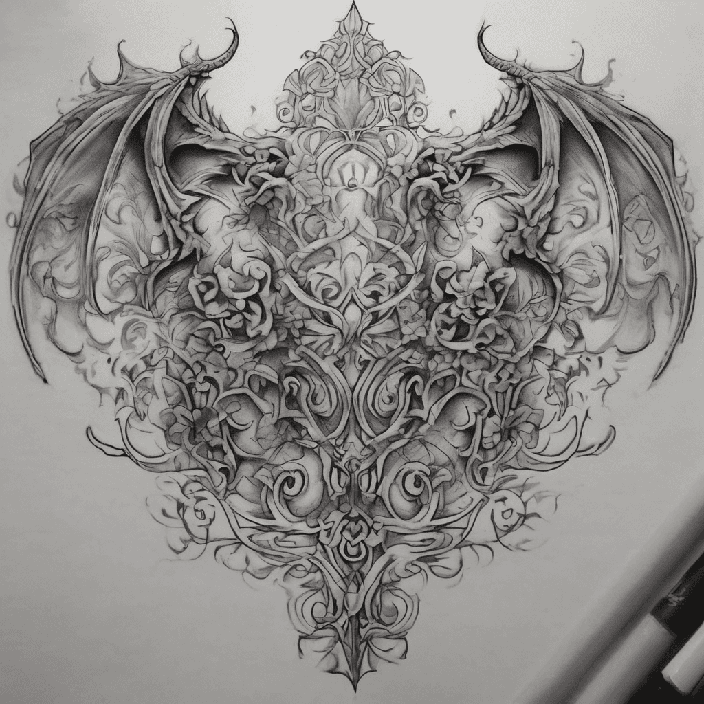 Make me a black and gray ornamental upper back, feminine tattoo with baroque scrollwork with some blackwork or negative space. Something with good shading and flow, symmetrical. Make it to be strong, beautiful, but with a hit of darkness to it, like maybe a dragon element or something slightly horror. I'm open to suggestions! Design it to be pretty large, on my upper/mid back from shoulder to shoulder.