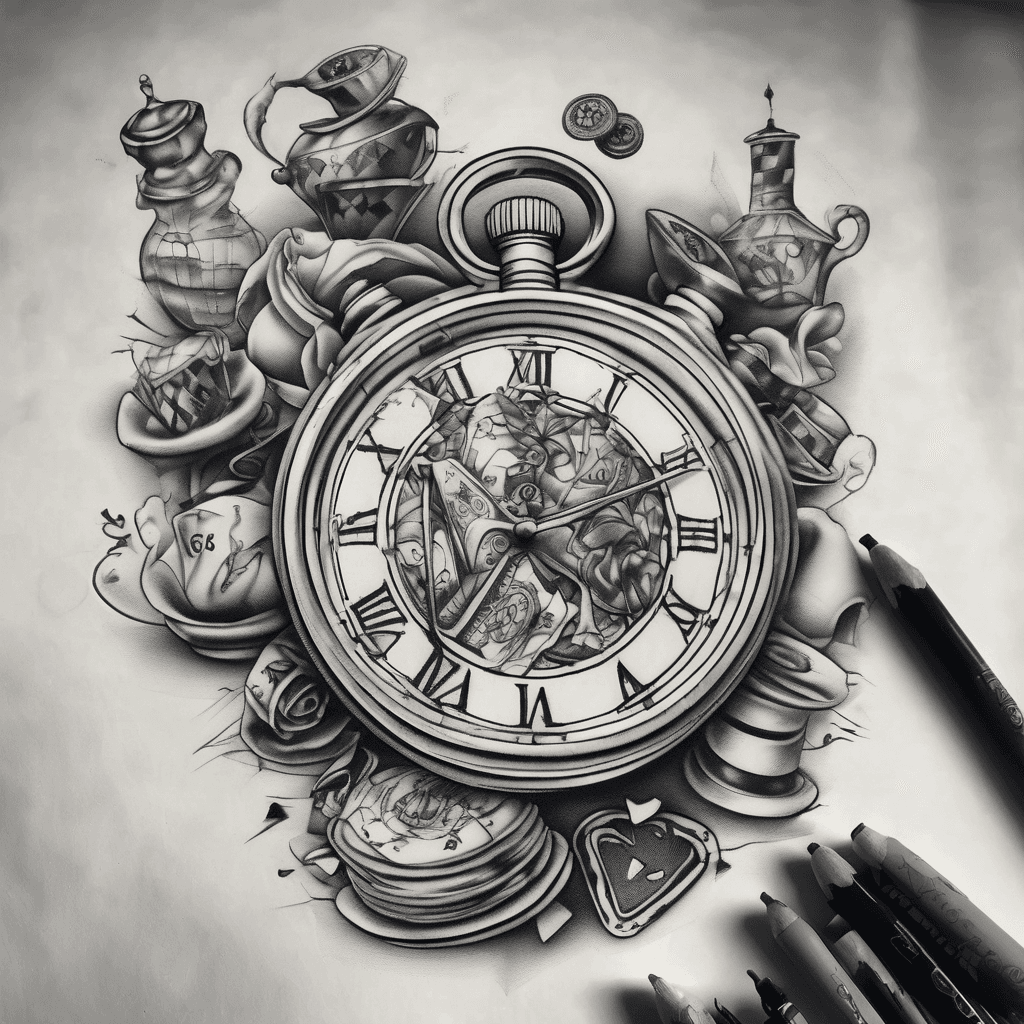 Alice in wonderland inspired, featuring a broken fancy stopwatch, a top hot with playing cards stuck in the band, a teacup, chess pieces, and suits of cards