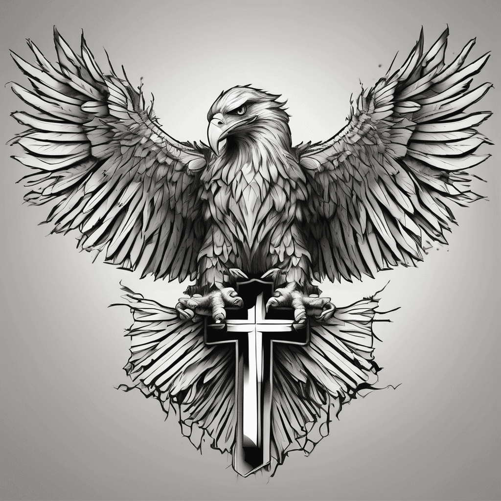 Eagle with a cross saying god is good on my forearm