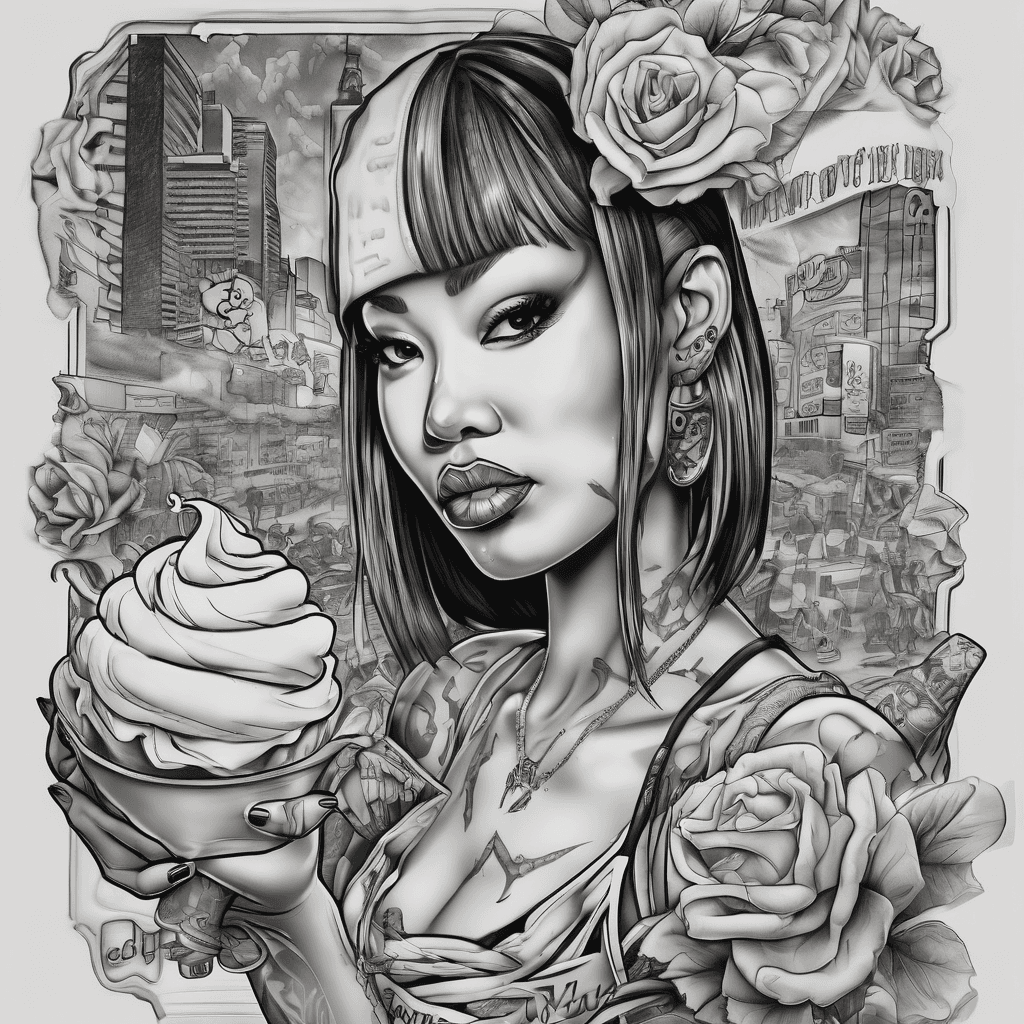 Generate a female wu tang tattoo quote "how can hip hop be dead if wu tang is forever" with beez, cream ice cream, 36