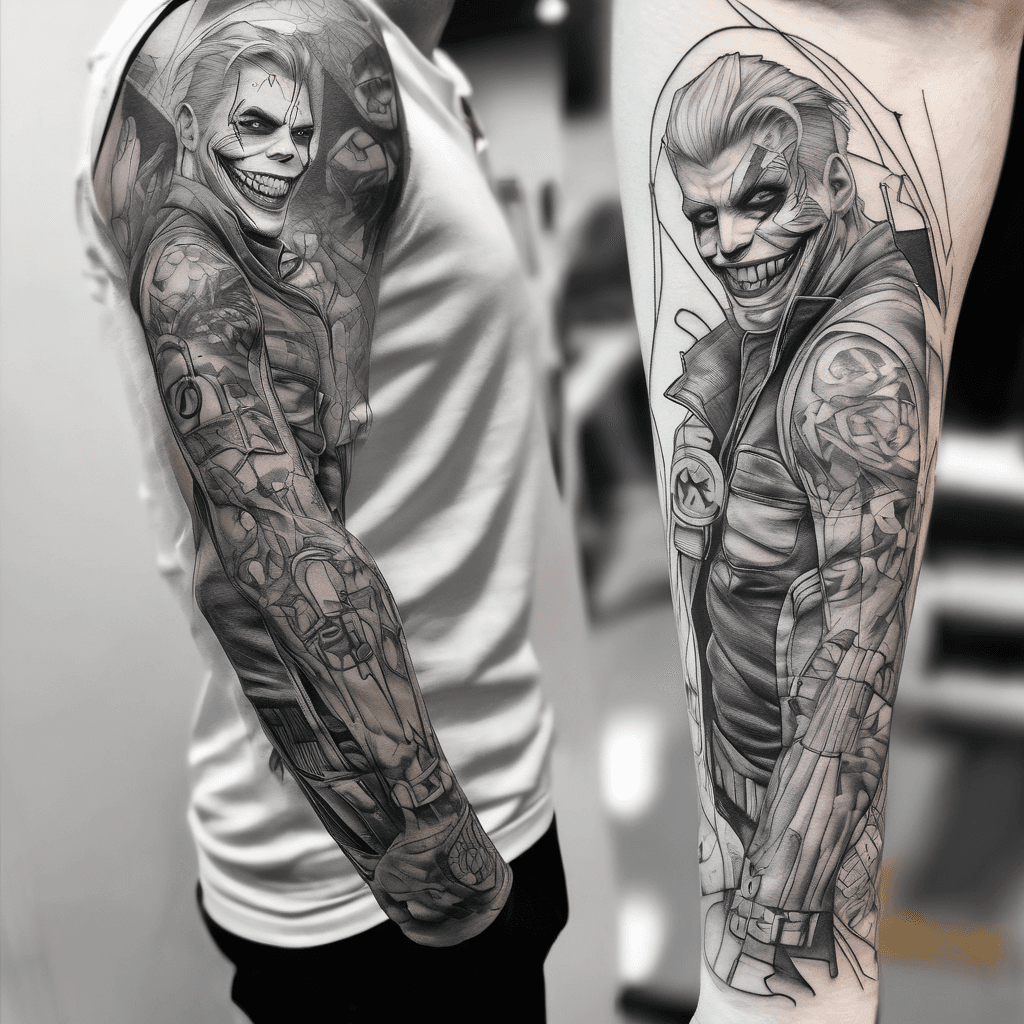 Design me a full arm sleeve with the jokers out of Batman and Harley Quinn from suicide squad full in the gaps with something that goes with the theme