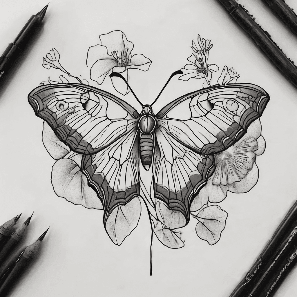 A Madagascan Moon moth with a minimalistic floral arrangement behind it. The arrangement consists of gingko leaves and accompanying flowers or plants. Remember, it is very minimalistic. The tattoo goes on the inside of the right forearm and is very saturated with Autumn colors.