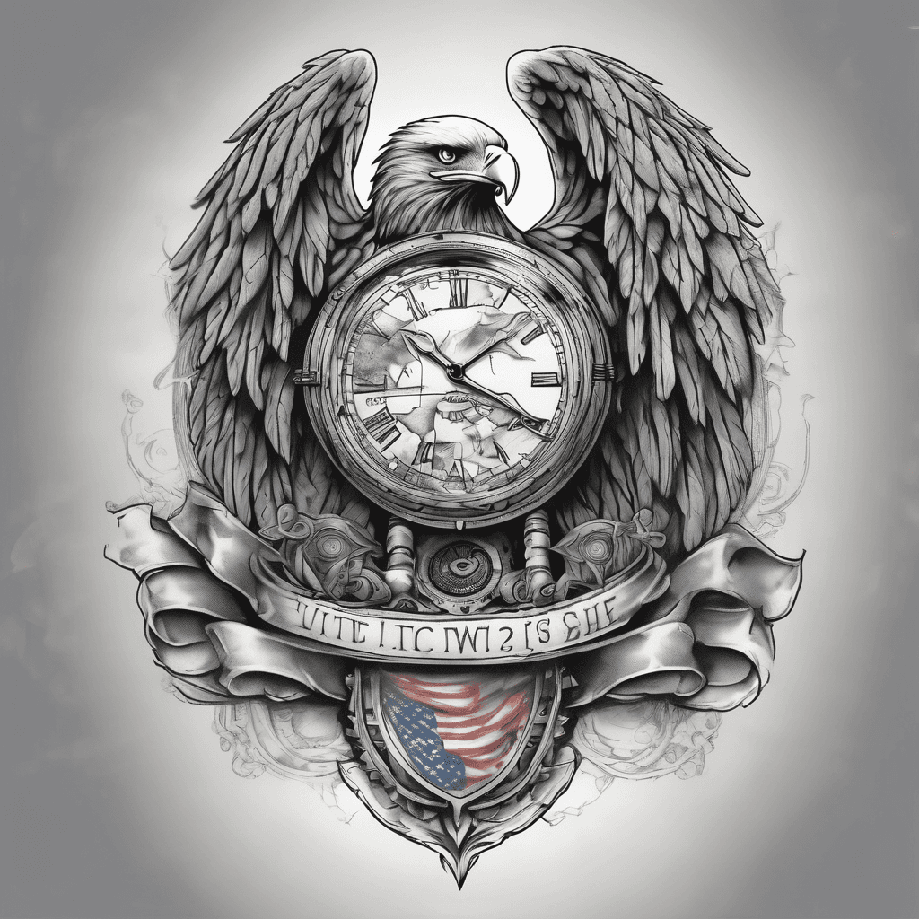 ealistic upper arm tattoo design, right shoulder sleeve. A large ornate pocket watch floating in space with a waving American flag background. Fierce bald eagle perched on top of the watch, wings partially spread, with a patriotic shield on its chest. Three small Christian crosses subtly integrated into the design. The watch face shows three ribbons with engraved dates: July 15 2010, June 19 2012, September 27 2017. Clean, bold lines, patriotic and faith-inspired theme, high detail, tattoo art style, designed to fit upper arm sleeve.”