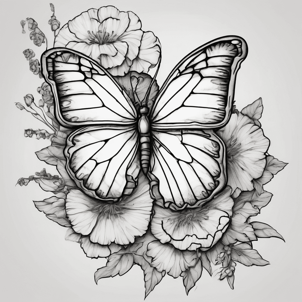 the word sonder with a handwritten font and the letters of the word on top of one another with carnations with barely any detail drawn around the word wrapping through it and the side profile of a butterfly next to the word on the right side and other smaller butterflies flies around the wrapped flowers and barely any detail anywhere it should look like a sketch