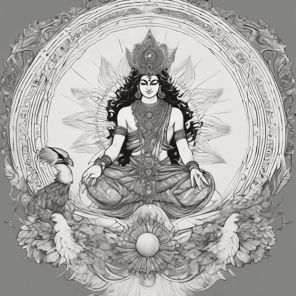 Option 2 — Shani & Krishna Mirror. Shani seated left (solid dark, Saturn-ring halo, iron staff, crow beneath) and Krishna right (open linework, sun-ray halo, peacock crest, flute) — joined by a figure-8 with a lotus at the crossing. The duality reads instantly: karma and grace as two halves of the same loop.