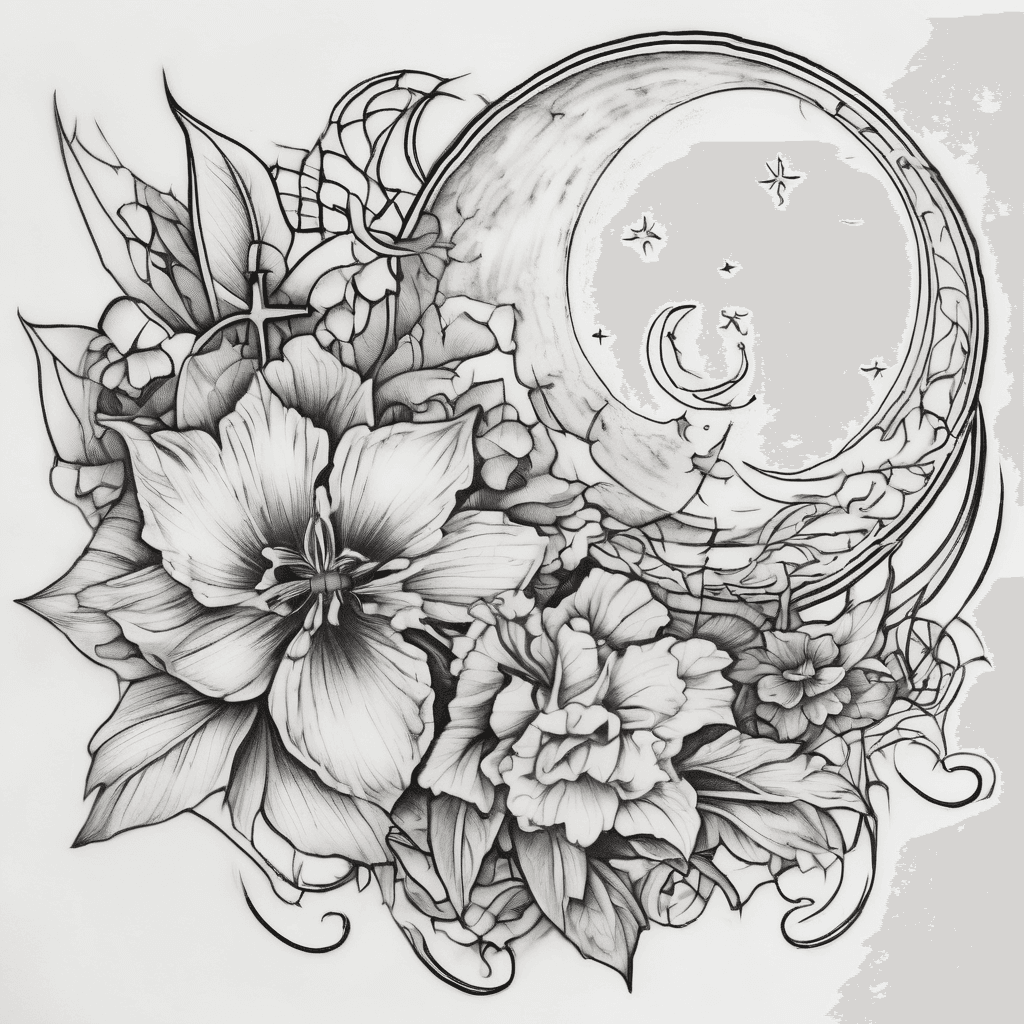 Create different tattoo with a cross and the flower of December and a moon night of may 8 2005 all in one