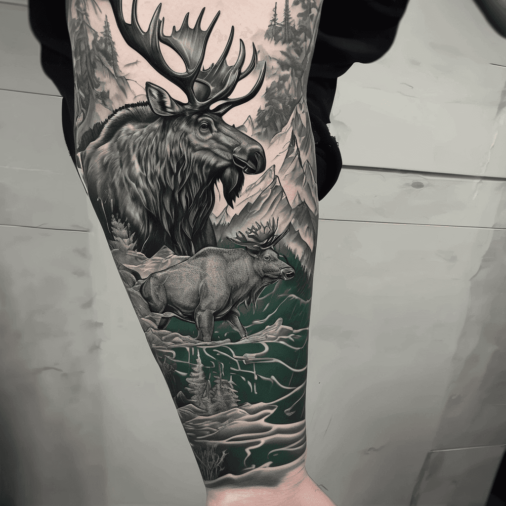 Black and green male full sleeve. Alaska themed. Male already had a crab towards the armpit smoking a cigarette. He wants mountains, water, moose, bear with fishing pole catching a salmon