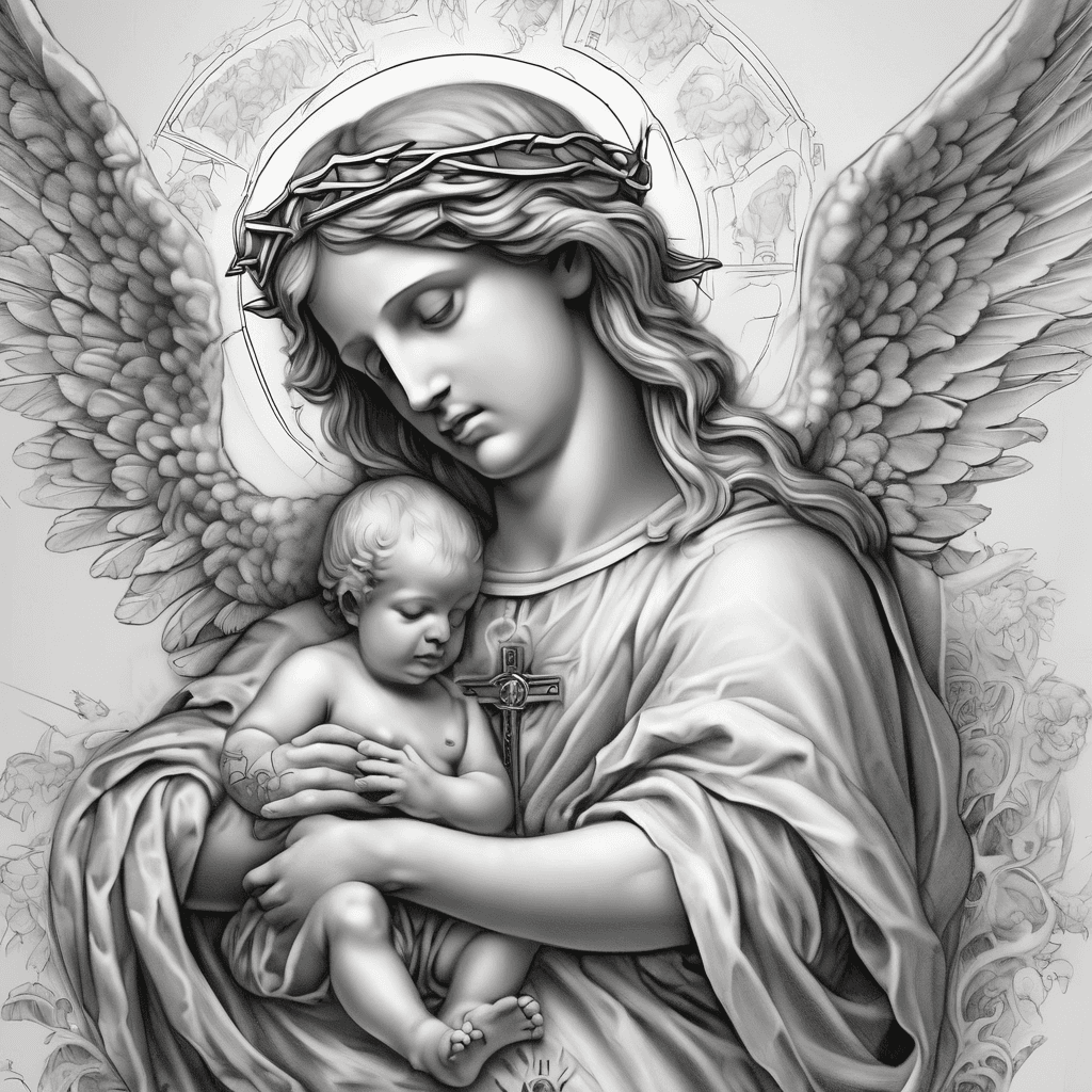 Nubes de fondo y vomo principal una cruz de cristo iluminada, con dos bebes angeles a los lados como protegiendola, con una fecha del 4/6/2011 en numeros romanos, escrituras catolicas