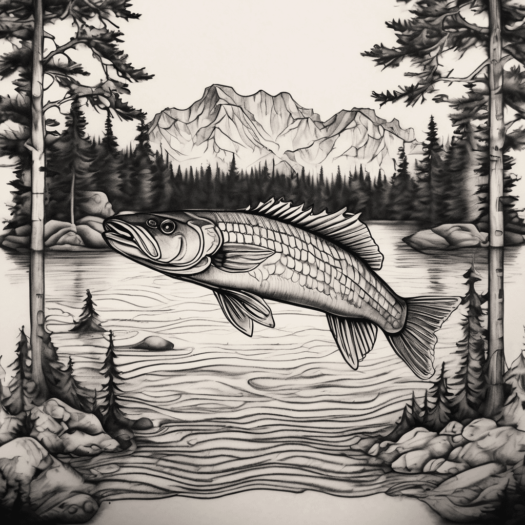 need to create a tattoo of a walleye but no outline. I want tree heights in the forest to depict the top of the fish and the bottom is like a reflection on a misty lake. something more abstract with no outline -- the brain sees landscape and then realizes it'sthe walleye. maybe the tree tops and small birds mimic the outline. a fine line tattoo for my inner forearm. make it read more “walleye” without an outline. blur out the mouth and head a little somehow as it's too prominent. let the top tree line subtly arch like the dorsal curve. Make the reflection below slightly softer/lighter (like water). Add a few fins suggested by shoreline/trees, not drawn as fins. don't make the walleye too realistic - blur tail too.