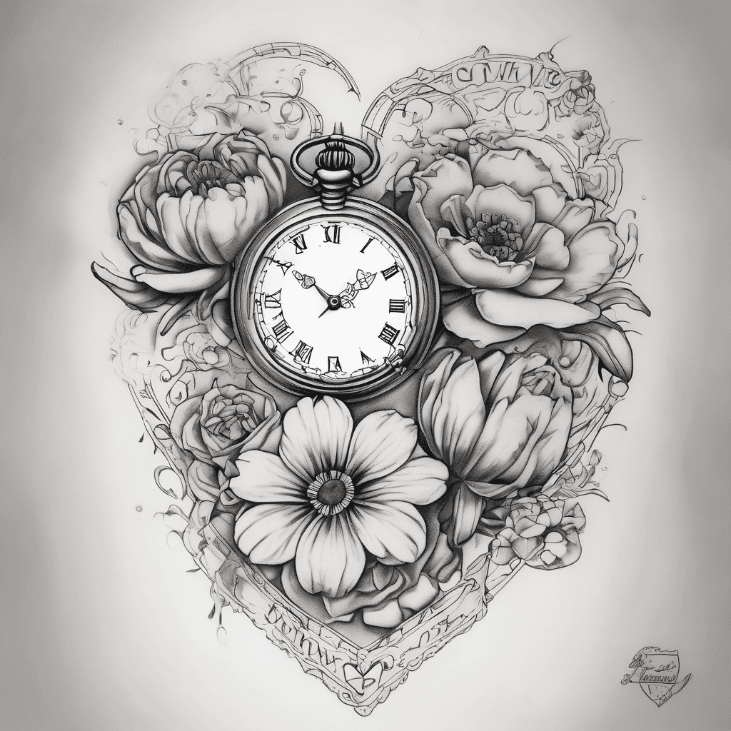 Marigold and cosmo flowers with heart shaped pocket watch with time 9:10 and date 10/28/1968-10/20/2023 with quote sleep with the angels in calligraphy style lettering for top of forearm