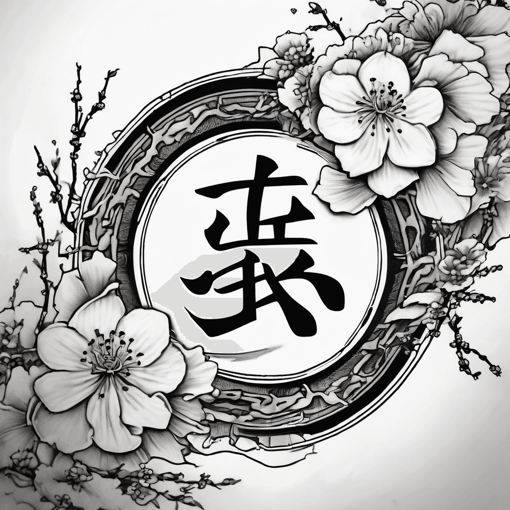 i want the centerpeice to be the Garra kanji "love" and it needs to be red. i want to have in black some waves/wind type elements along side some cherry blossom flowers