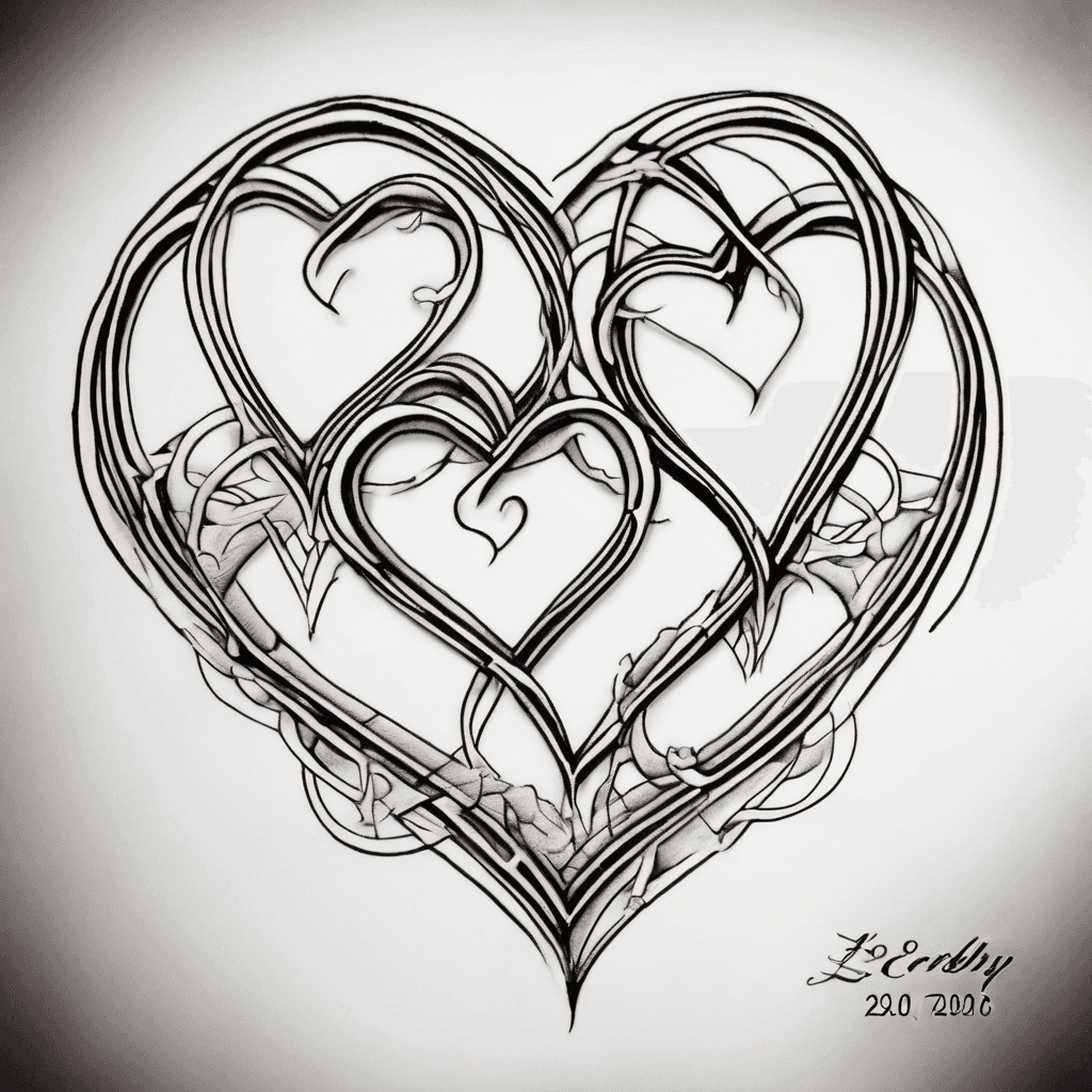 4 interconnected downward hearts with one of the following names and dates on each heart. "Brooke 28/02/2006" "Seren 18/11/2010" "Libby 19/03/2013" " Iestyn 03/08/2014"