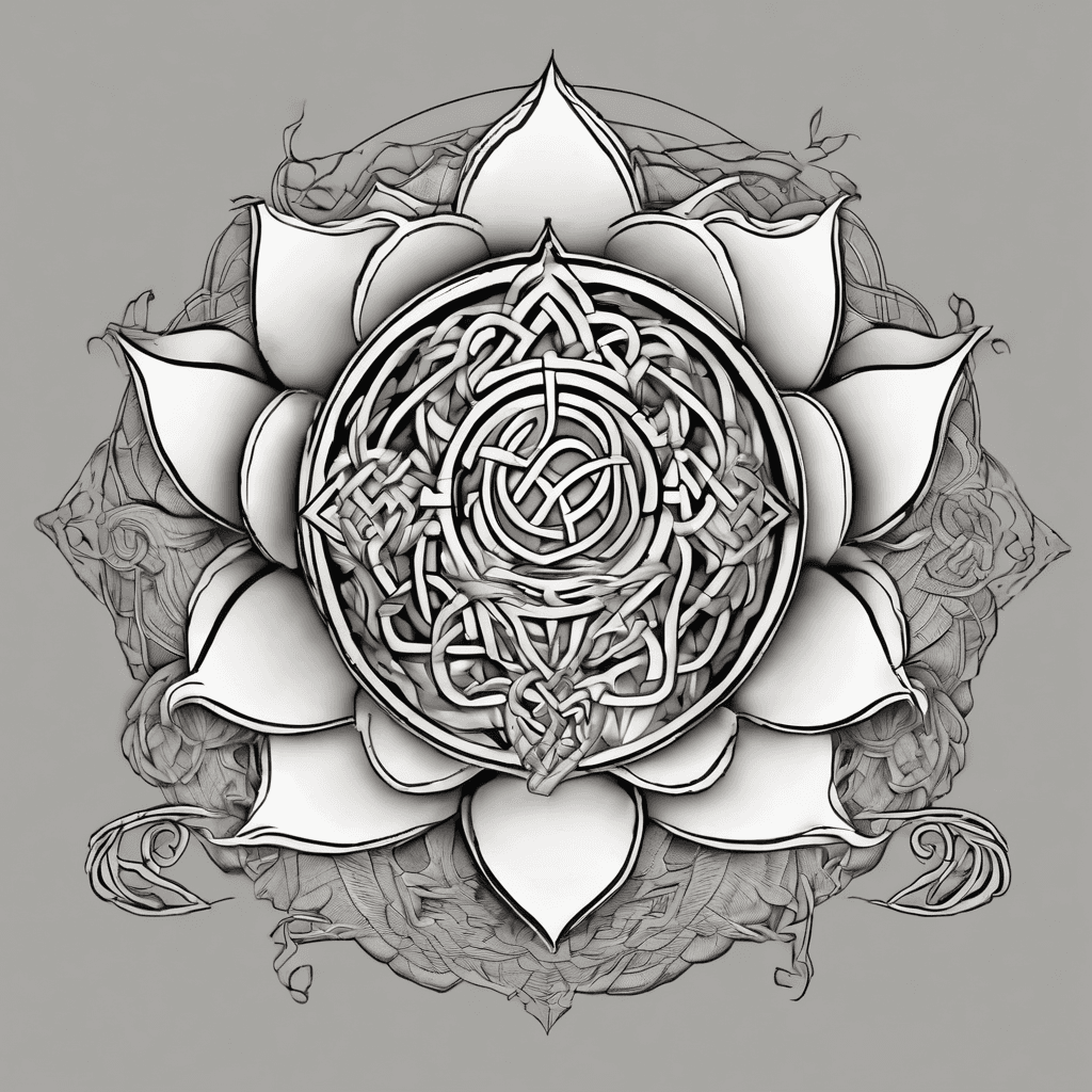 Delicate lotus cradling an endless knot, centered by a dharma wheel, two golden fish circling in yin-yang motion.