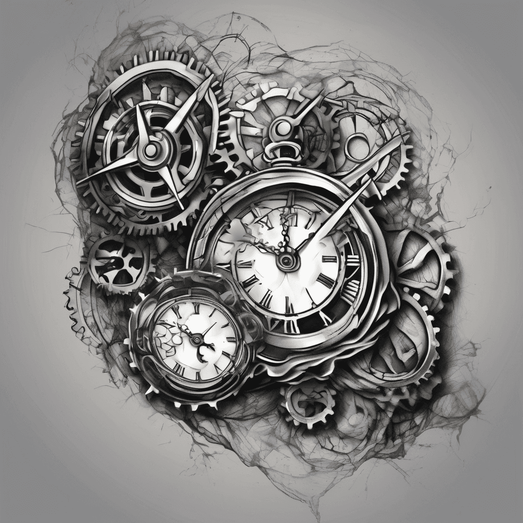 Two clocks with two wedding bands and gears behind ripped skin