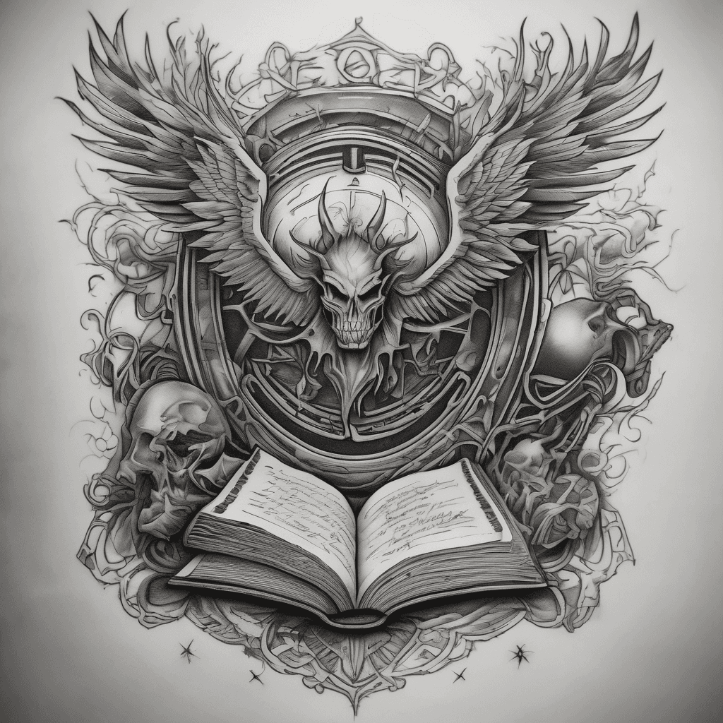 A realistic rendering of an open book filled with supernatural lore, combined with medical elements, perfect for placement on the thigh. Castiel's damaged wings, sigil for purgatory, the supernatural colt revolver, the demon killing blade, the mark of cain,