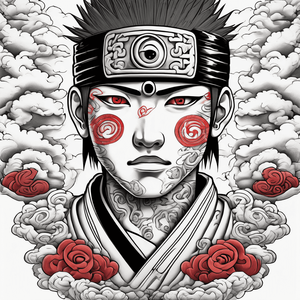 Its black Japanese style clouds swirling through the whole thing with red akutsuki clouds from Naruto and a pair of rinnegan eyes one on either side of the throat the whole thing is a throat tattoo