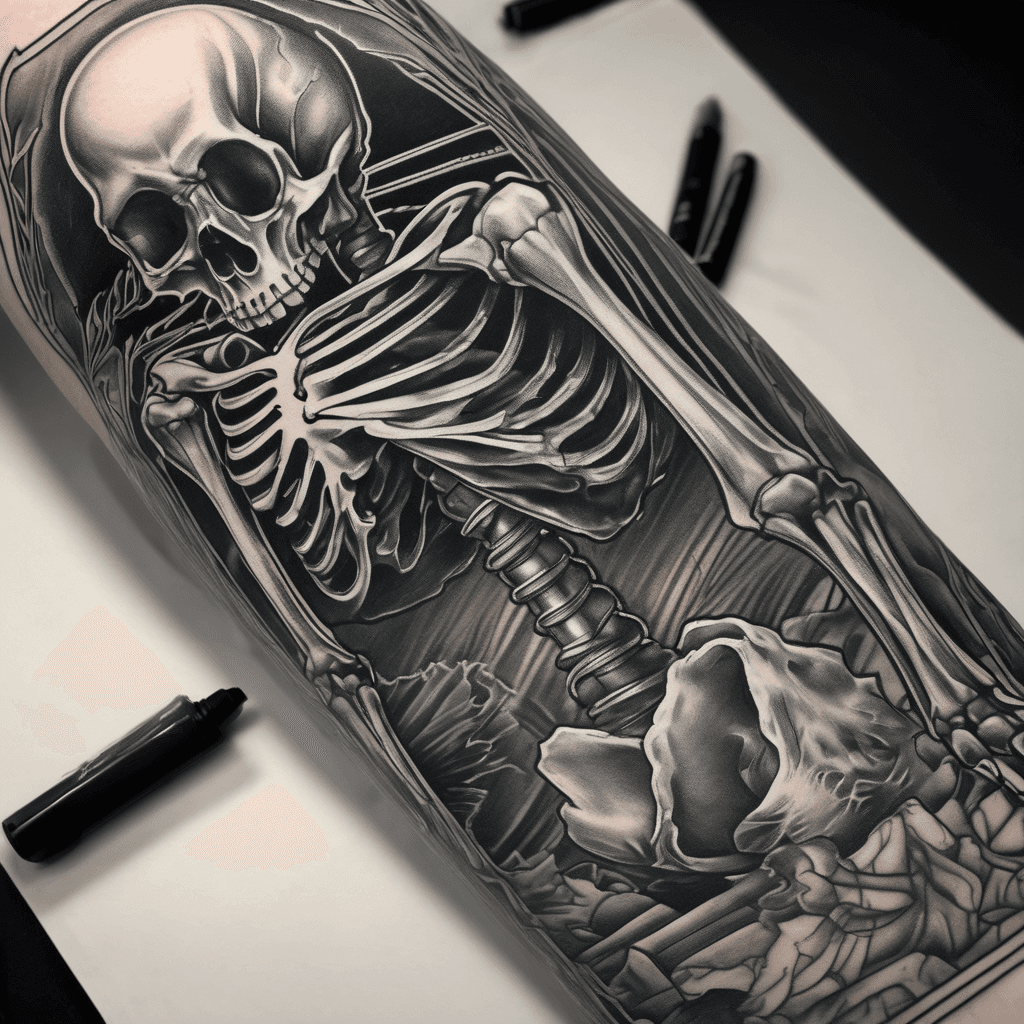 Full arm left arm sleeve, heavy contasted. Darker black background with lighter contrasted skeleton in mid ground placed on outer upper arm. Skeleton would be holding a lantern that has the glow of a candle set in the foreground placed around the inner or outer forearm.