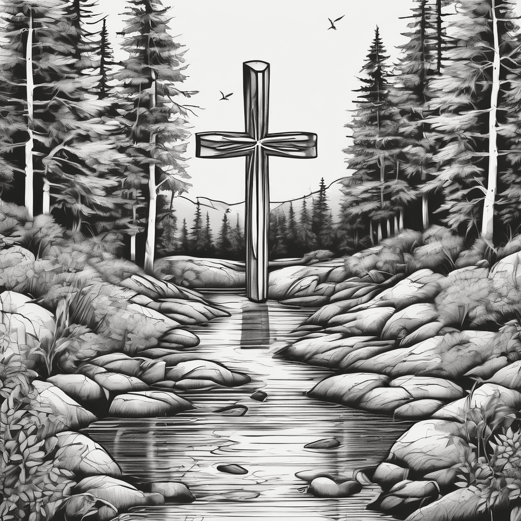 I want a cross tattoo thats in the forest with a creek in the background and 3 dovess