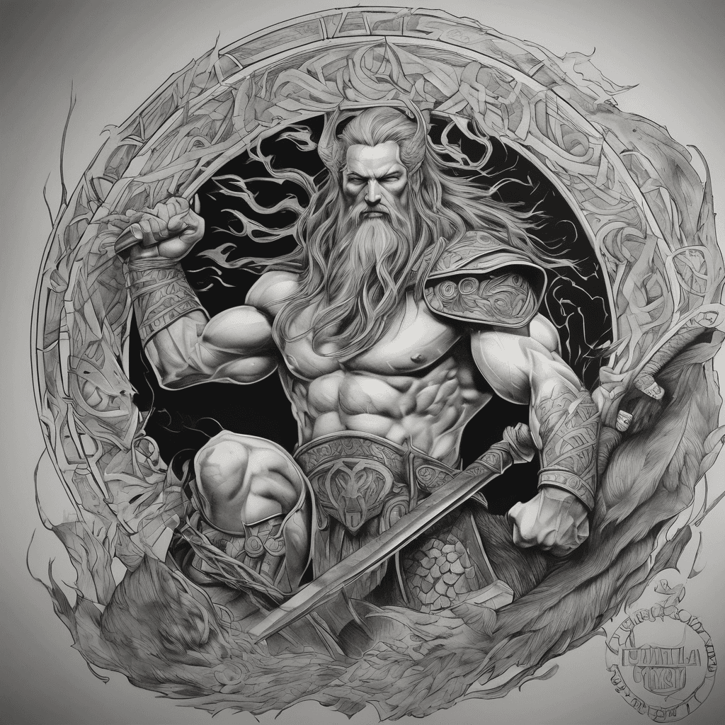 Create a full outer left arm sleeve in black and gray in realism start at the shoulder with the writing valhalla curving around the shoulder then below add a half bodied odin and gungnir and add the name koby then below add fenrir then below add a norse circle with runes on the outer circle then below add a norse hammer that overlaps onto the hand with the name sarah in the head of the hammer