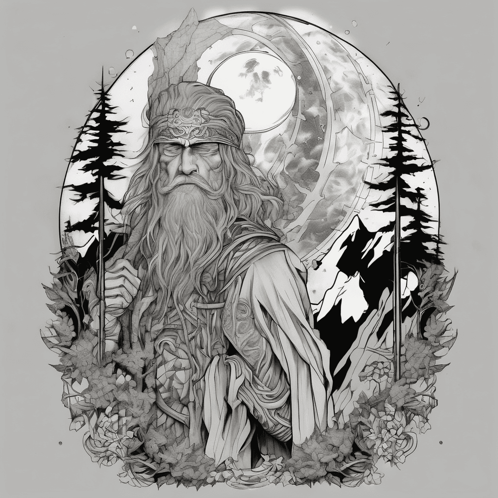 Black and gray negative space upper arm sleeve of Odin and a high priestess upper body. Having a moon and mountains behind them trees on the side