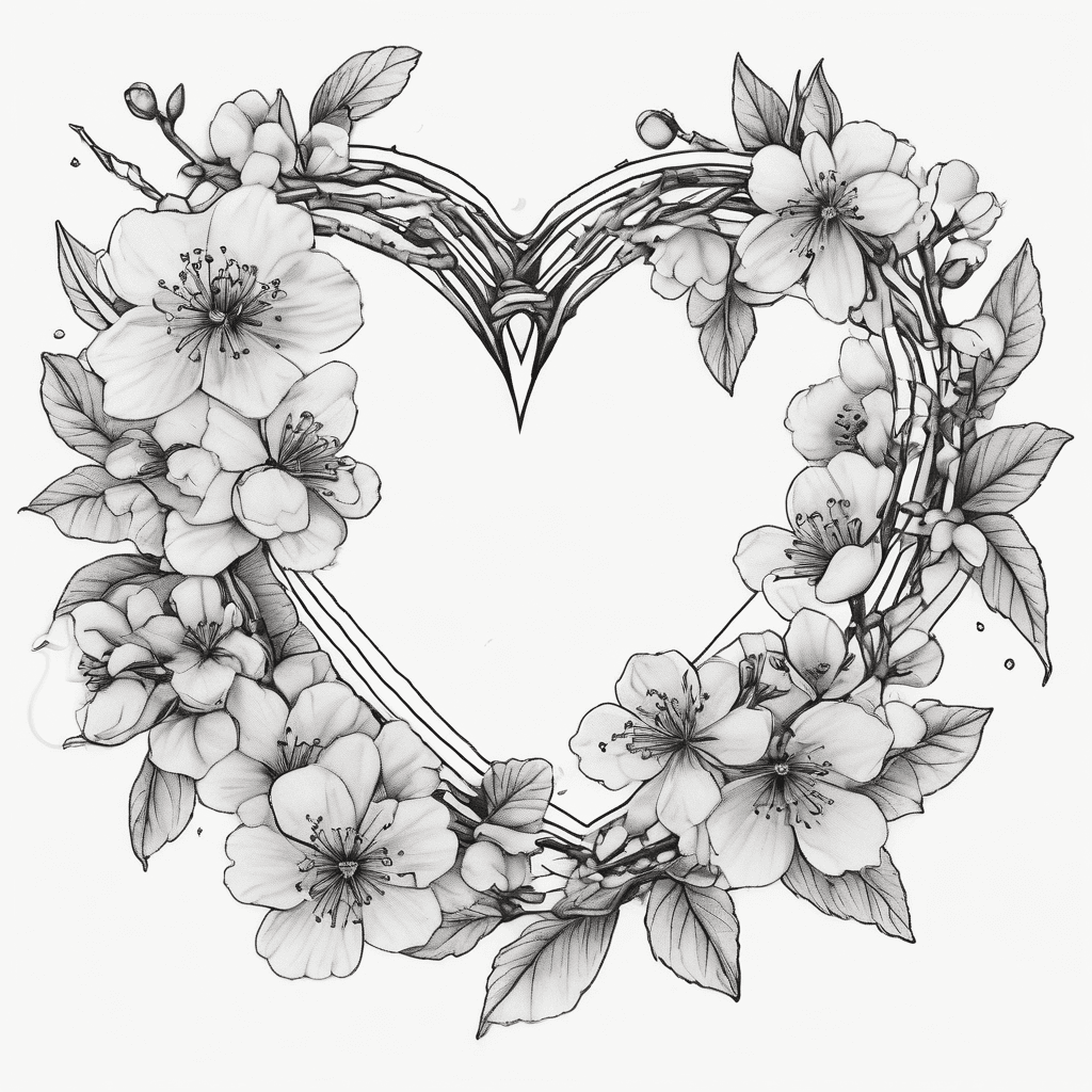 minimalist fine line tattoo design of a cherry blossom wreath shaped like a symmetrical heart. Single-needle linework, delicate black ink, highly detailed botanical cherry blossoms with tiny branches, falling petals, and a few small four-point star sparkles around the outside. Clean white background, flash sheet stencil style.