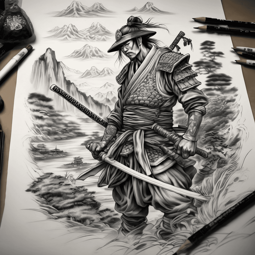I want something unique—something stunningly beautiful: a black-and-white Japanese-style samurai tattoo featuring landscapes. It needs to be striking and exceptionally beautiful, but I want to add other elements too—I don't want just landscapes.