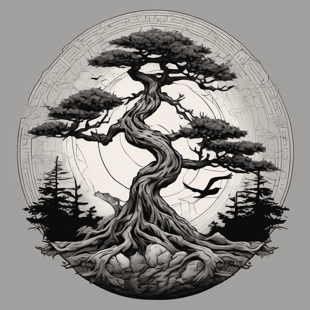 A bonsai tree in the ground with crows and single eagle on it with a sun shining down on it