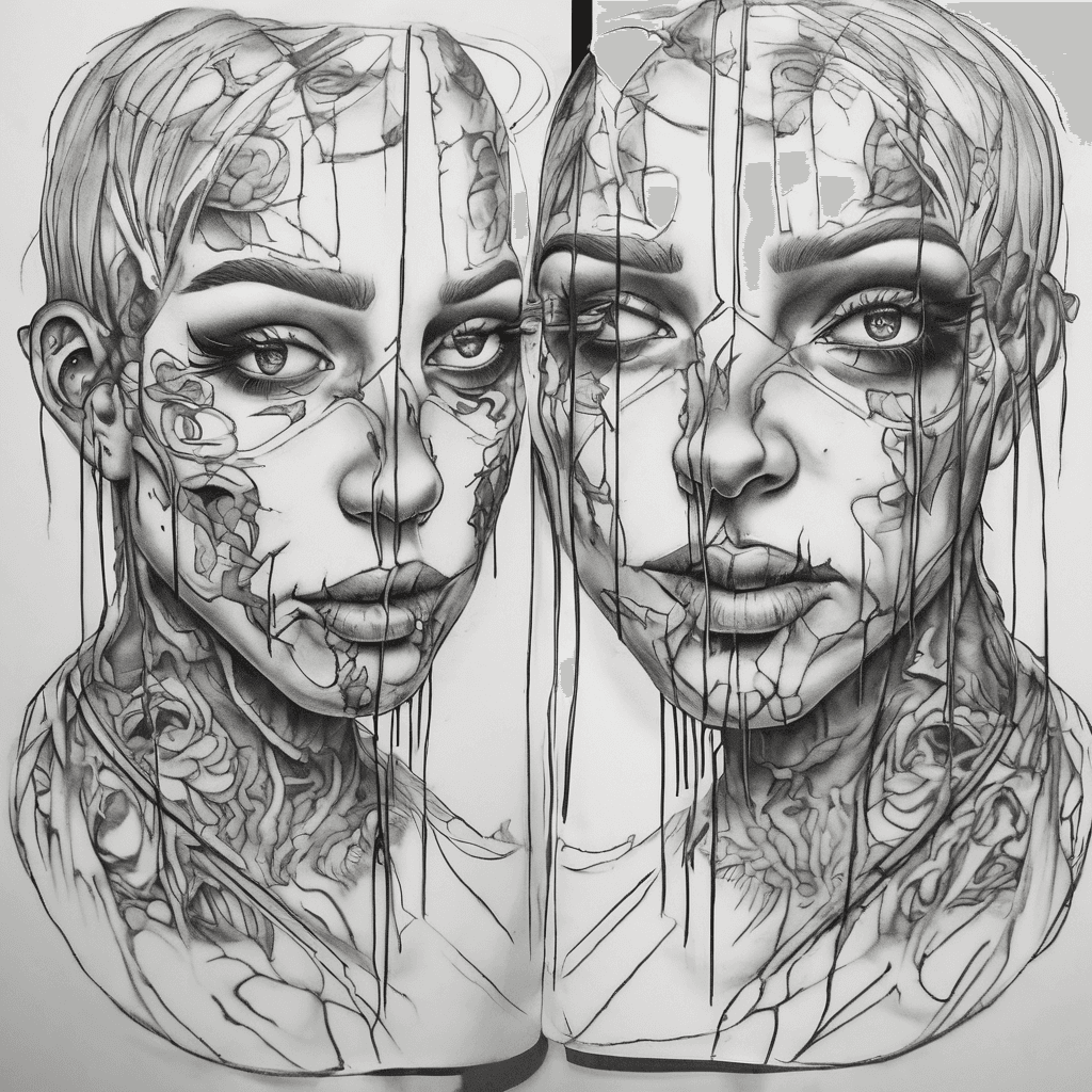 Design this into a tattoo, a two headed puppet cutting the strings with a broken mirror, theme is dark. One face is happy crying. The other is scared