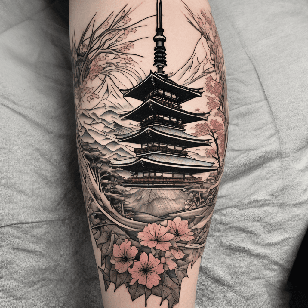 Traditional sleeve: CN Tower & Mount Fuji merged, maple leaf & sakura, koi swimming through fungal cordyceps, Joel & Ellie silhouettes.