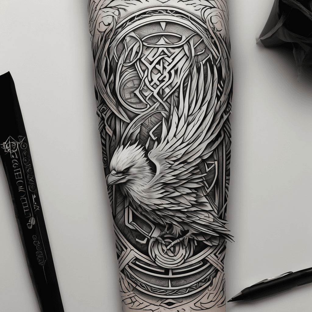 Thin line pattern with flames and Viking runes and a raven, forearm sleeve