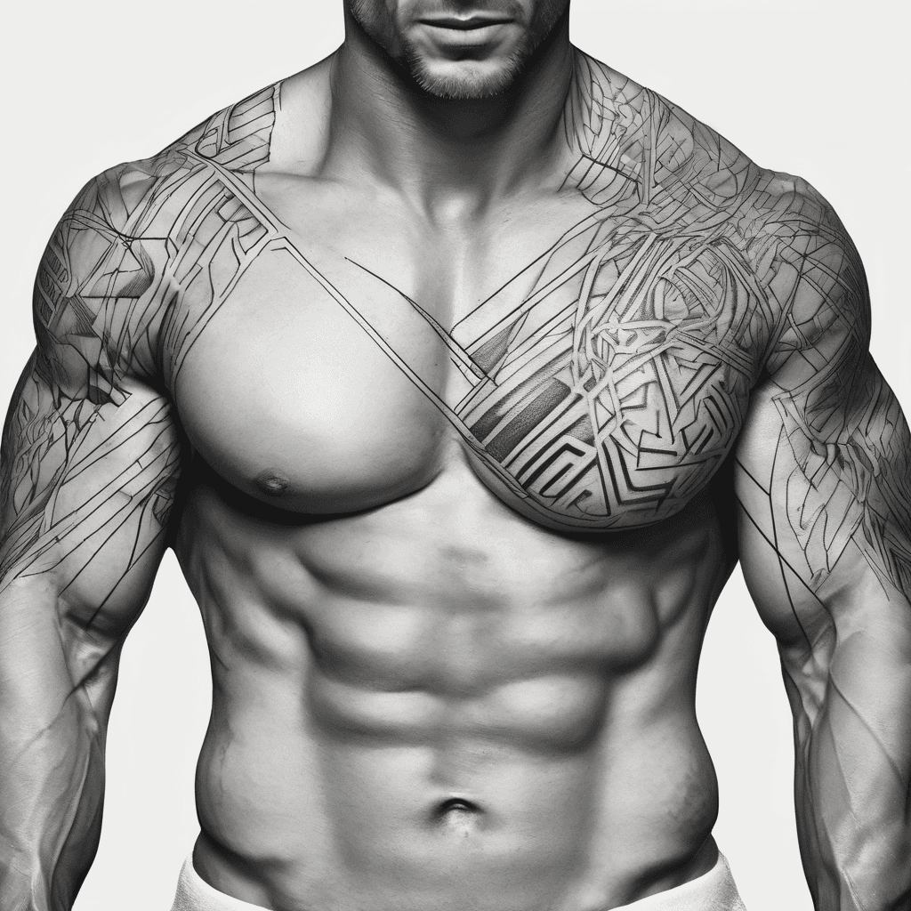 Photorealistic tattoo mockup on a muscular man's obliques and flanks. The tattoo design features dynamic diagonal geometric lines and dark shading that flow downward towards the groin, visually enhancing the V-taper physique. Aesthetic placement that highlights the abdominal muscles, serratus anterior, and obliques. Studio lighting, cinematic shot, realistic skin texture, professional tattoo placement photography, 8k resolution.