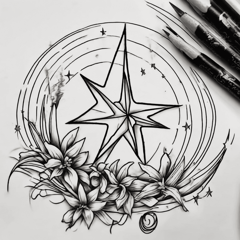 Design a small, elegant, minimalist tattoo centered around the idea of a shooting star, but avoid the typical Pinterest-style shooting stars with long trails, streaks, or multiple sparkly lines.