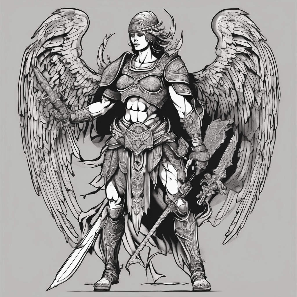 Create a silhouette of a warrior angel holding modern and ancient weapons in an action pose.
