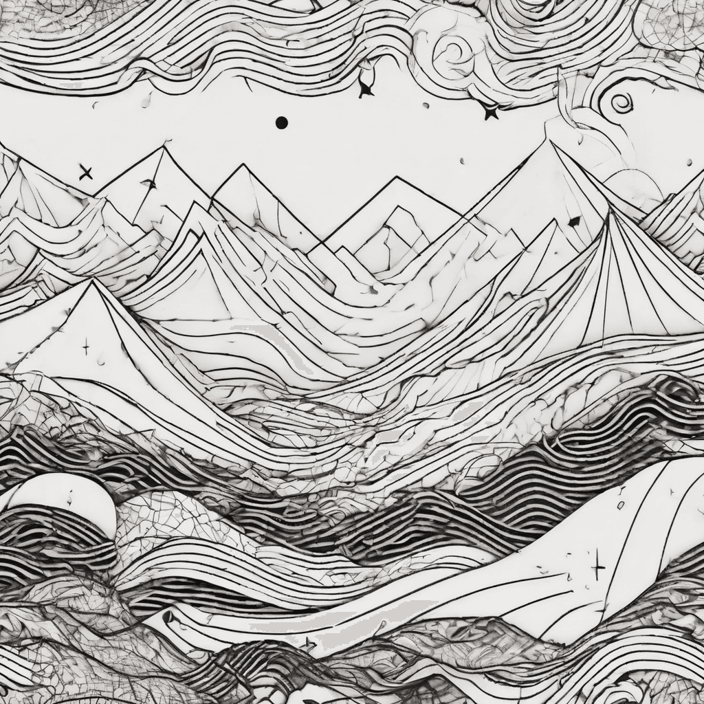 Simple fineline waves and mountains with geometric shapes, lines, dots and stars, black with red accents